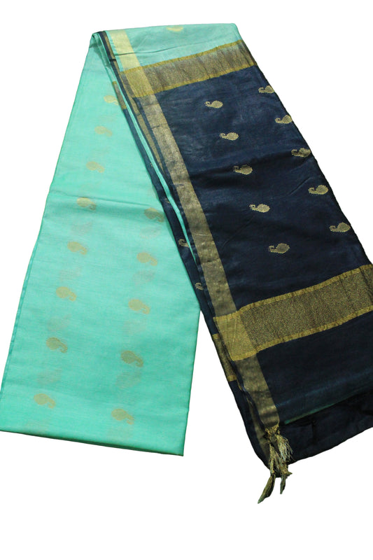 golden zari buta plain border silk Saree with blue contrast