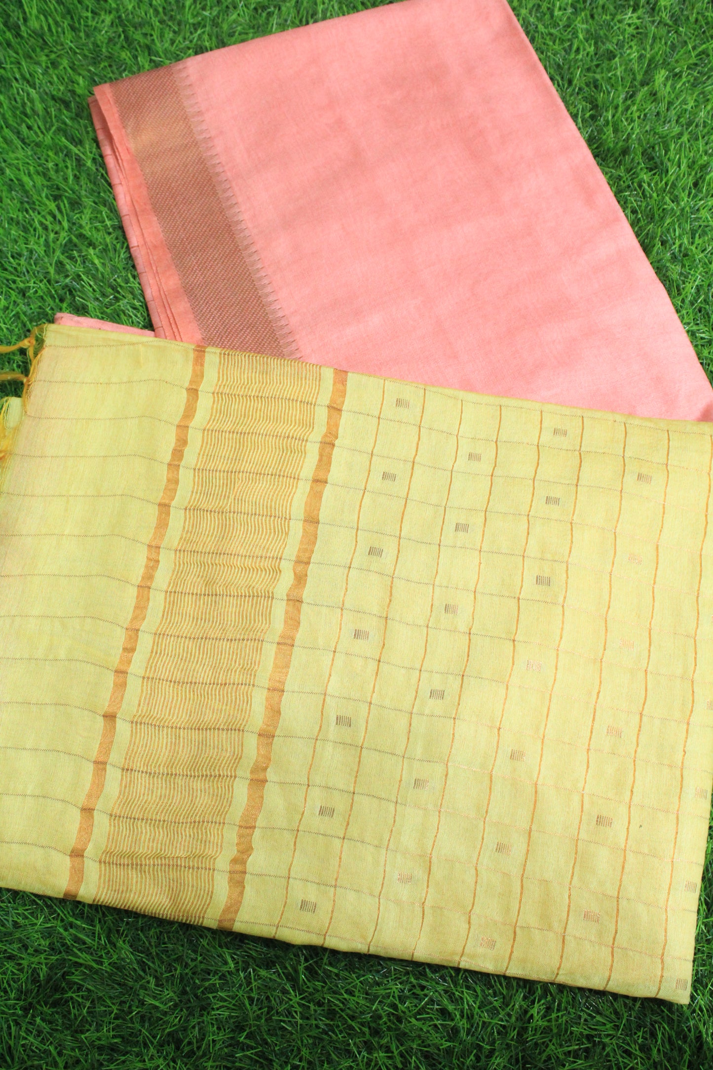 Festive wear pink and yellow resham buta silk saree