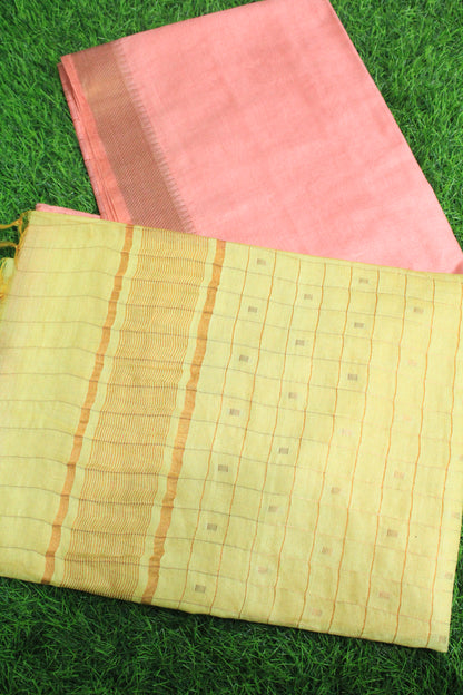 Festive wear pink and yellow resham buta silk saree