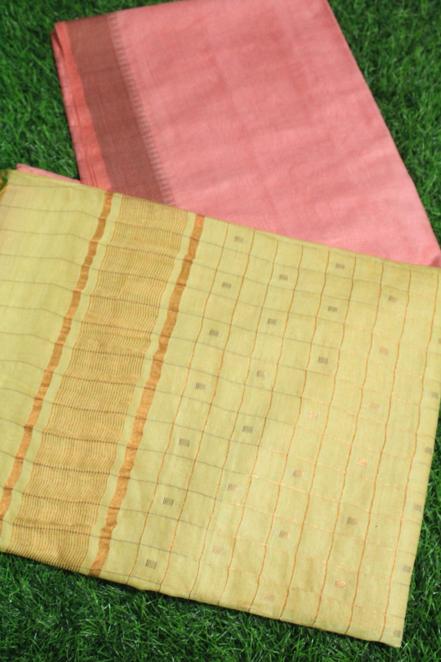 Festive wear pink and yellow resham buta silk saree
