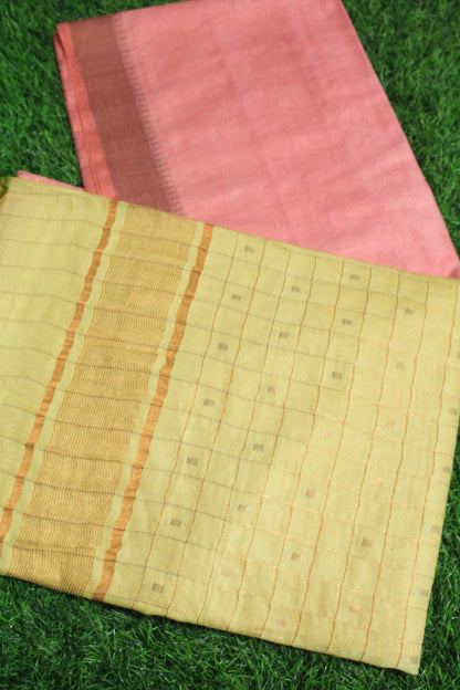 Festive wear pink and yellow resham buta silk saree
