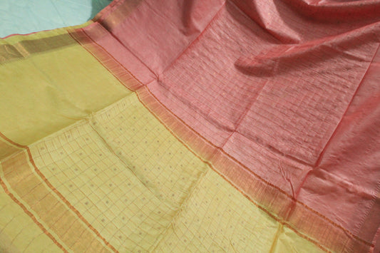 Festive wear pink and yellow resham buta silk saree