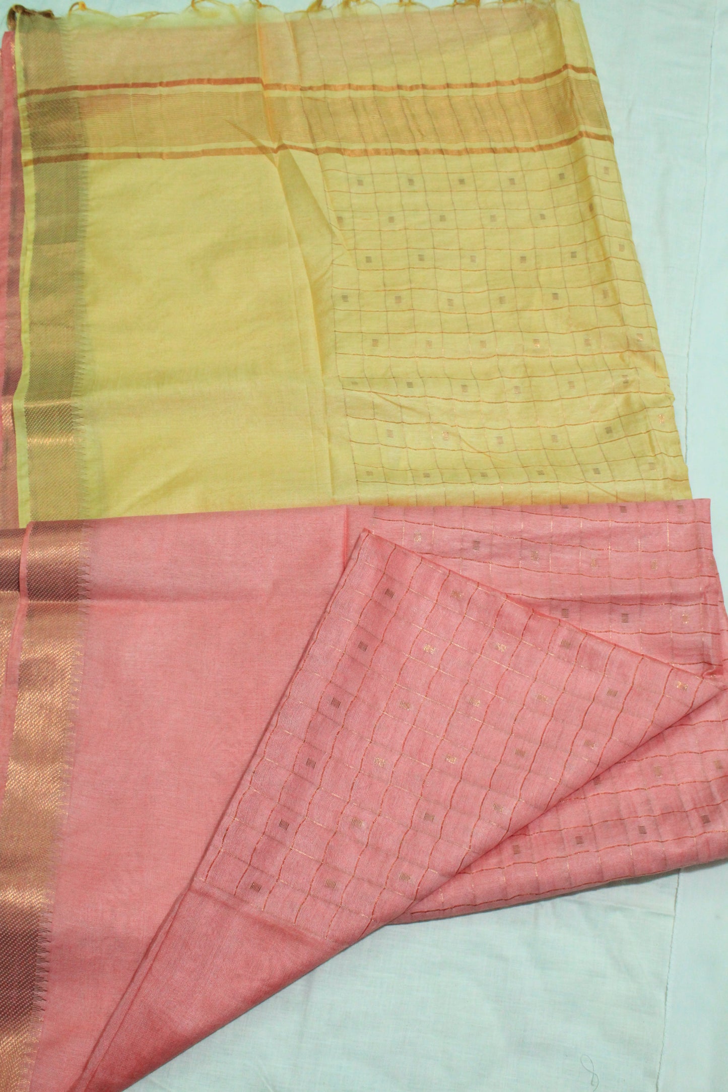 Festive wear pink and yellow resham buta silk saree