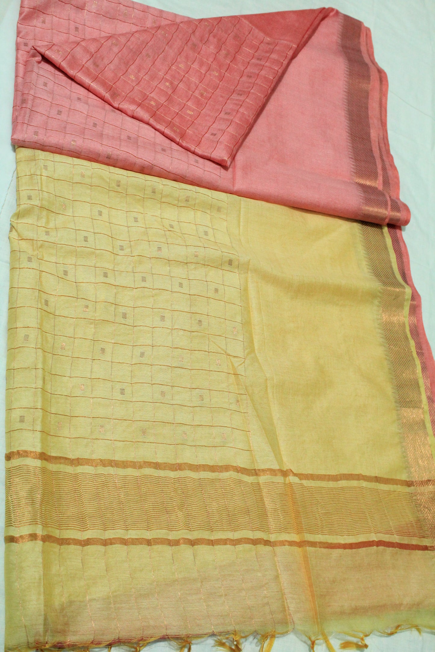 Festive wear pink and yellow resham buta silk saree