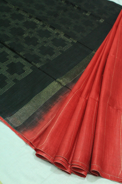 Silk festive wear saree in red and black color with gold zari pallu design