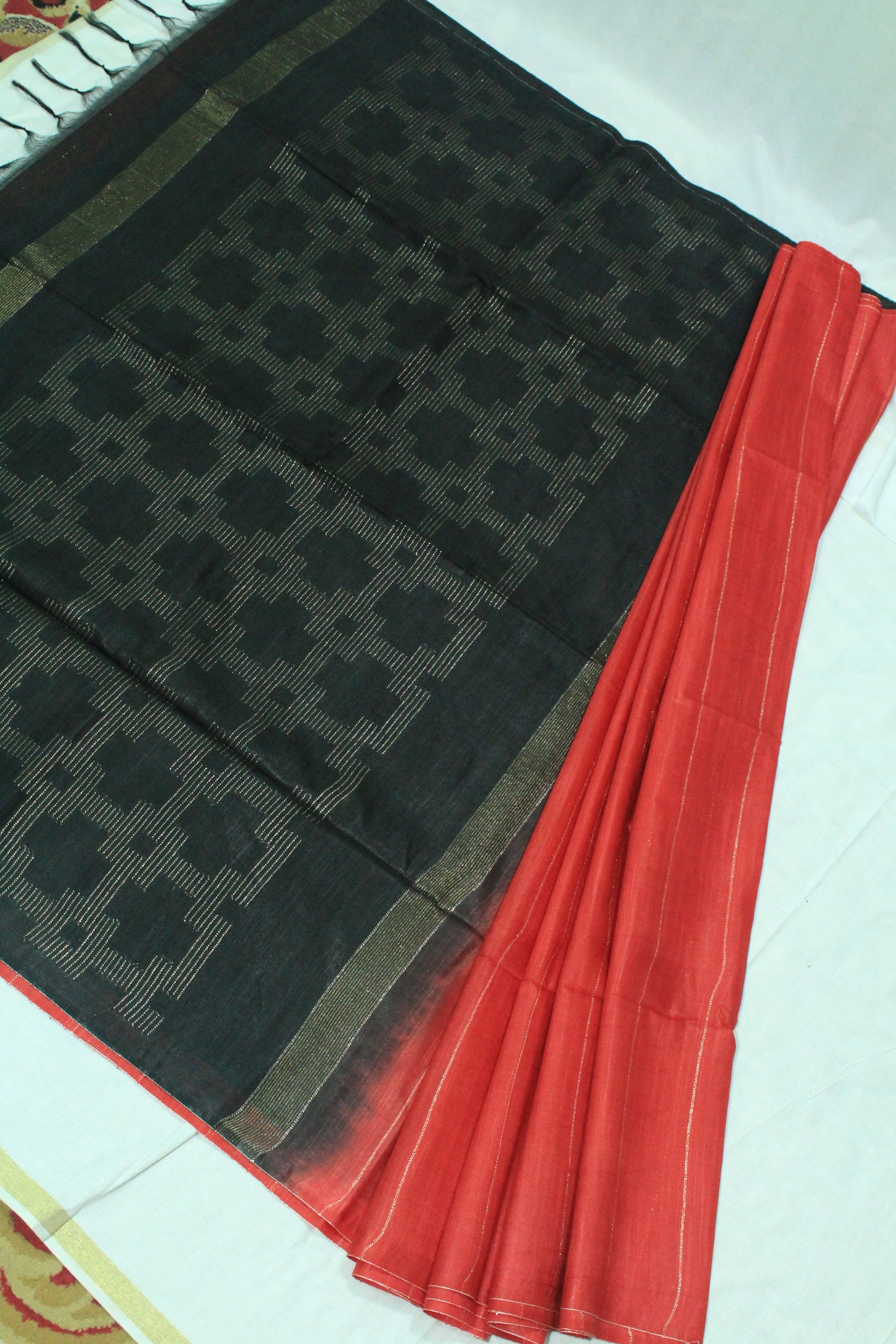 Festive wear Silk Saree with golden zari border in red and black combination