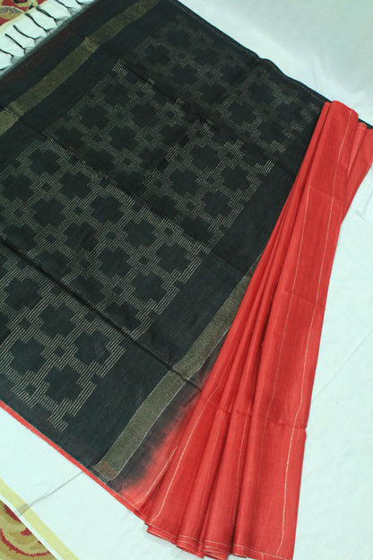 Festive wear Silk Saree with golden zari border in red and black combination