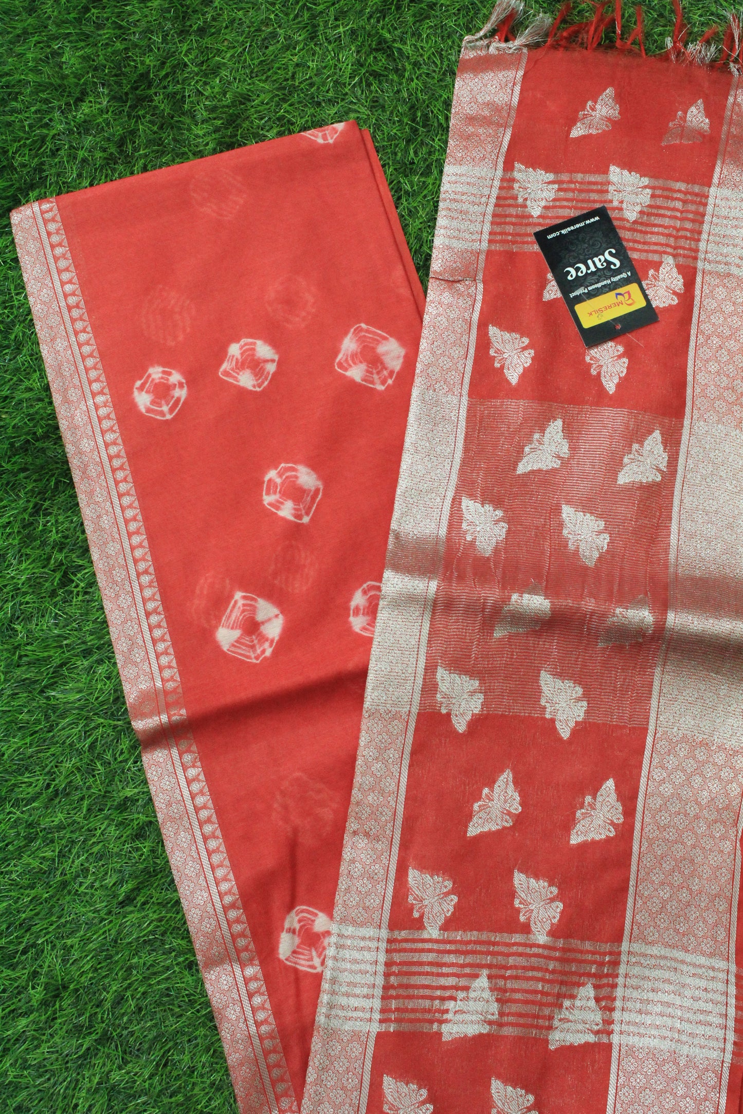 Designer saree with silver zari butterfly and bandhani print