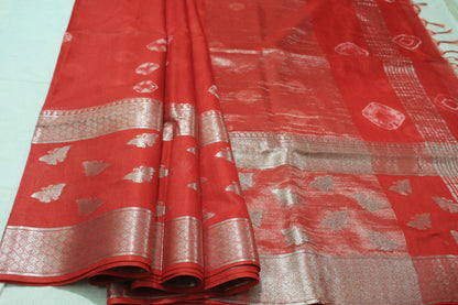 Designer saree with silver zari butterfly and bandhani print