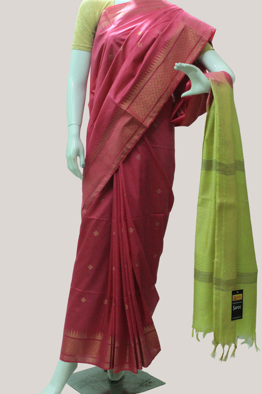 golden zari buta temple in red color silk Saree