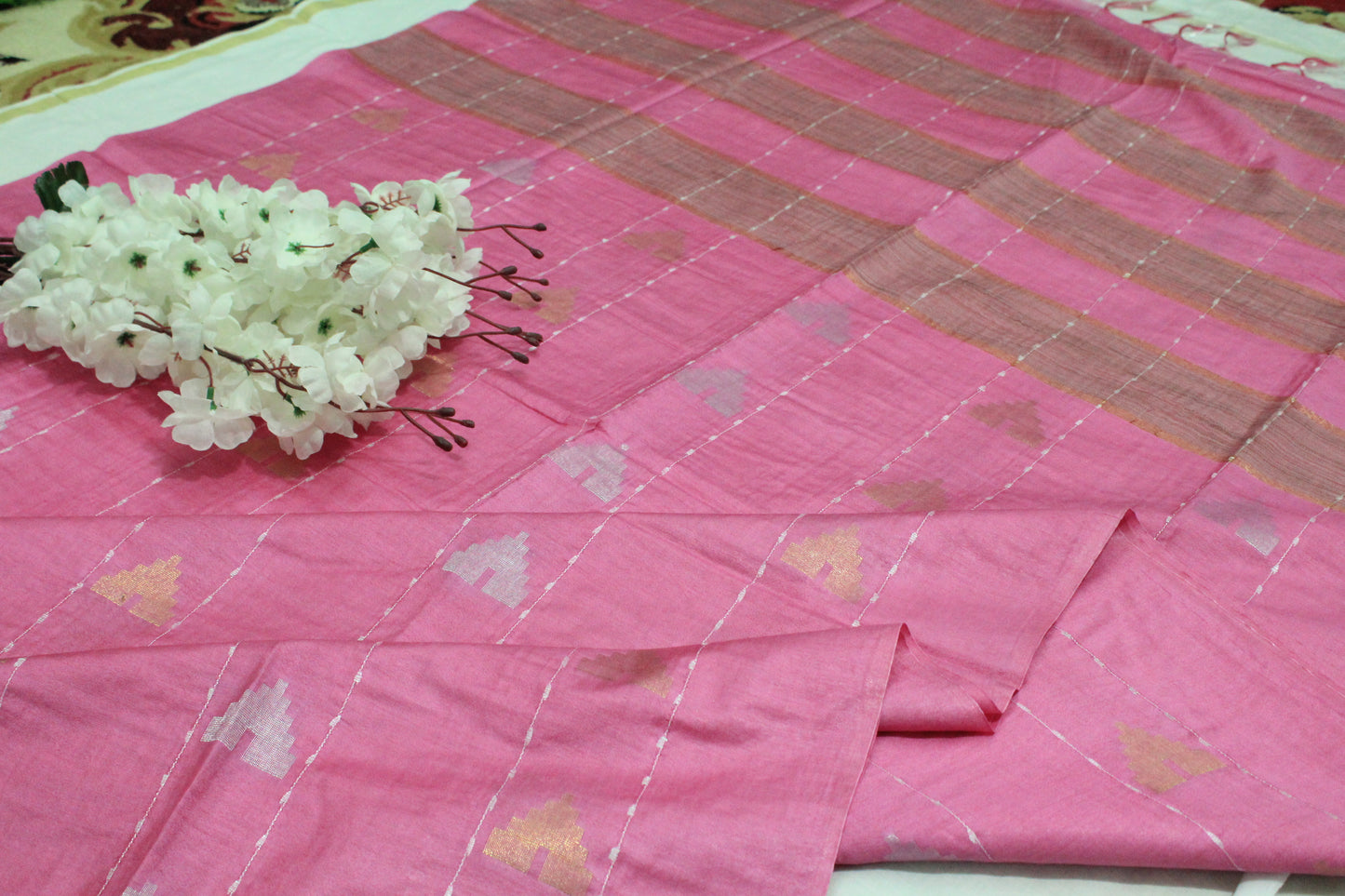 Temple buta without border pink color kota silk Saree