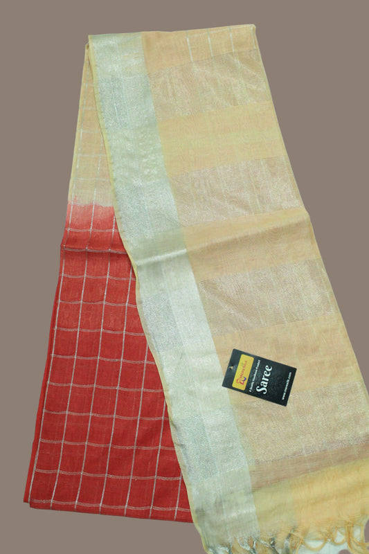 Check body silver design border Handloom jute silk  Saree