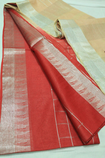 Check body silver design border Handloom jute silk  Saree