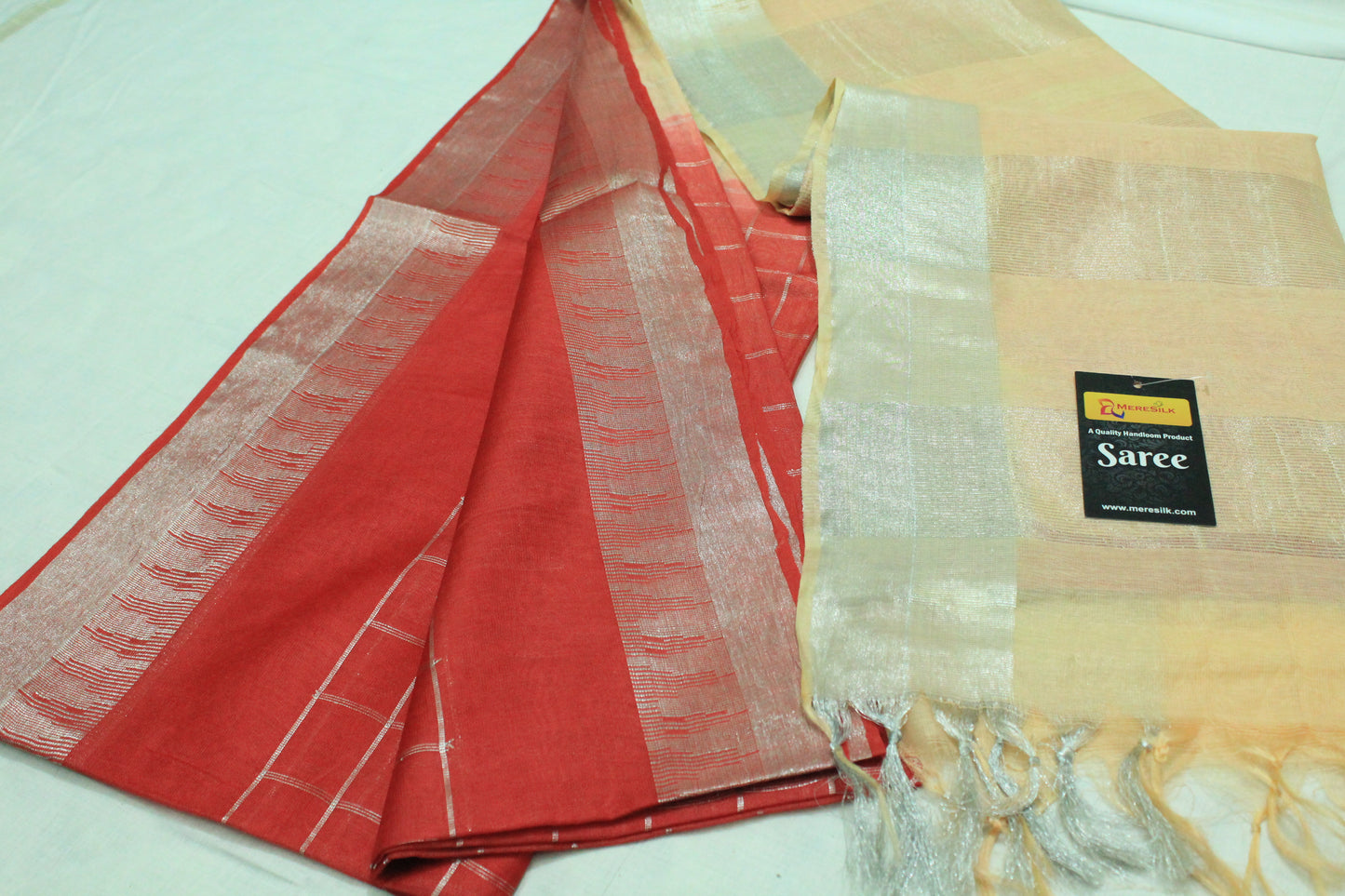 Check body silver design border Handloom jute silk  Saree