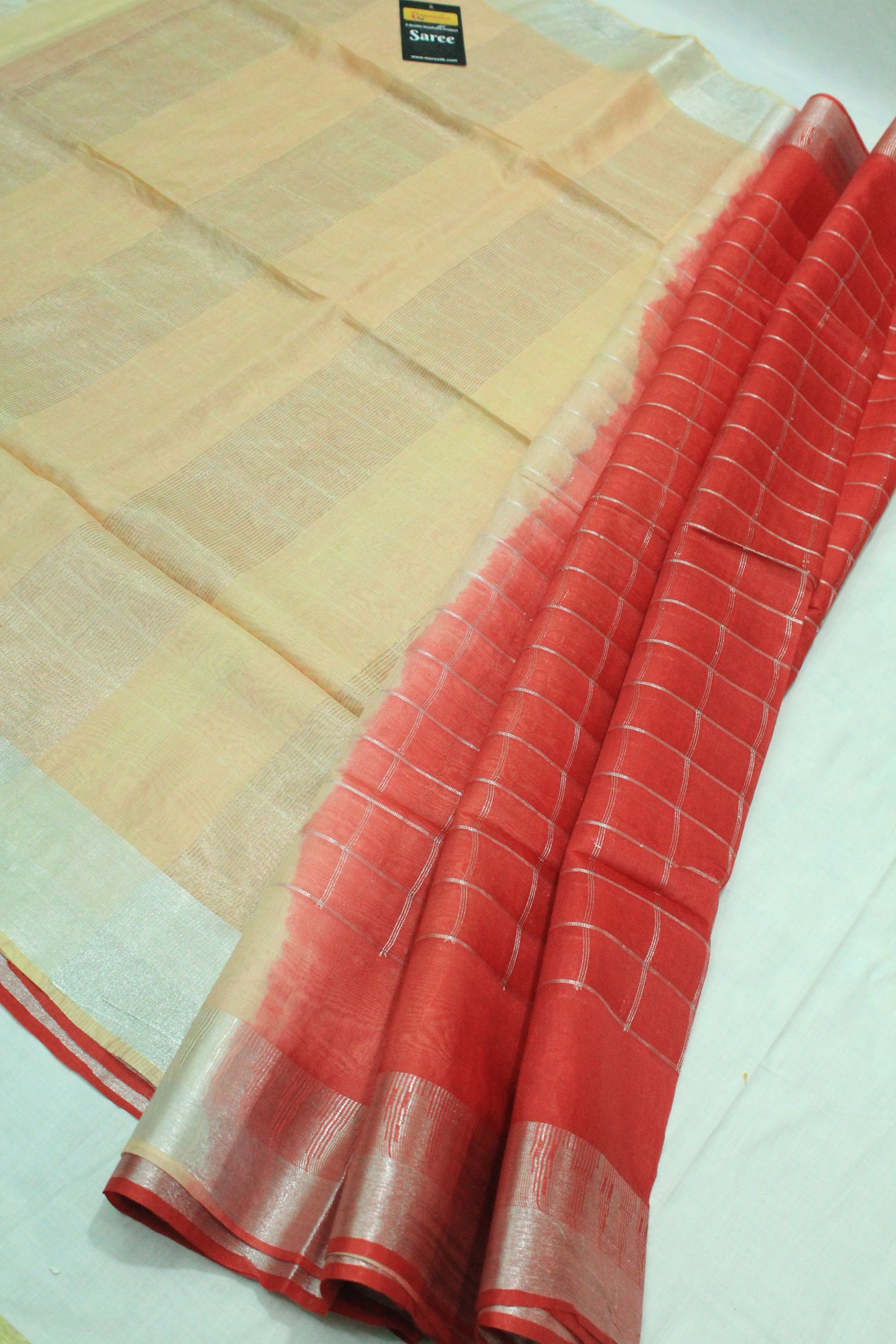 Check body silver design border Handloom jute silk  Saree