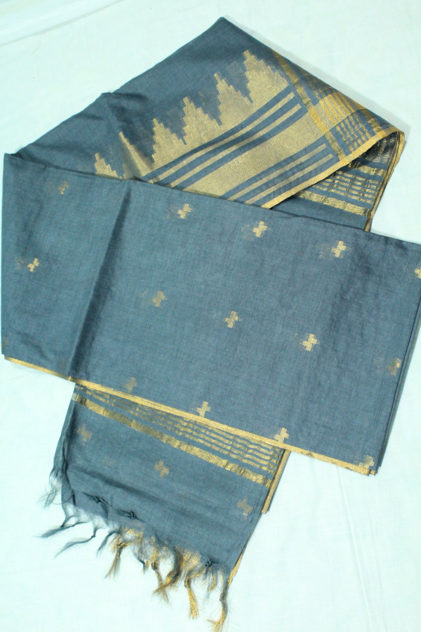 Golden zari buta temple border Silk Saree in rich grey color