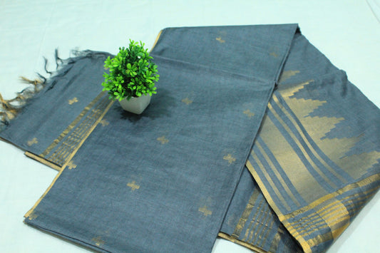 Golden zari buta temple border Silk Saree in rich grey color