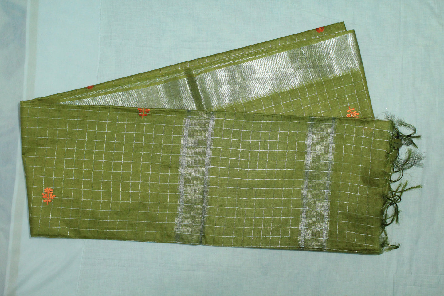 Embroidered  checkered saree with silver zari border