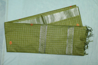 Embroidered  checkered saree with silver zari border