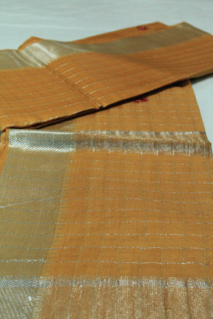 Embroidered  checkered saree with silver zari border