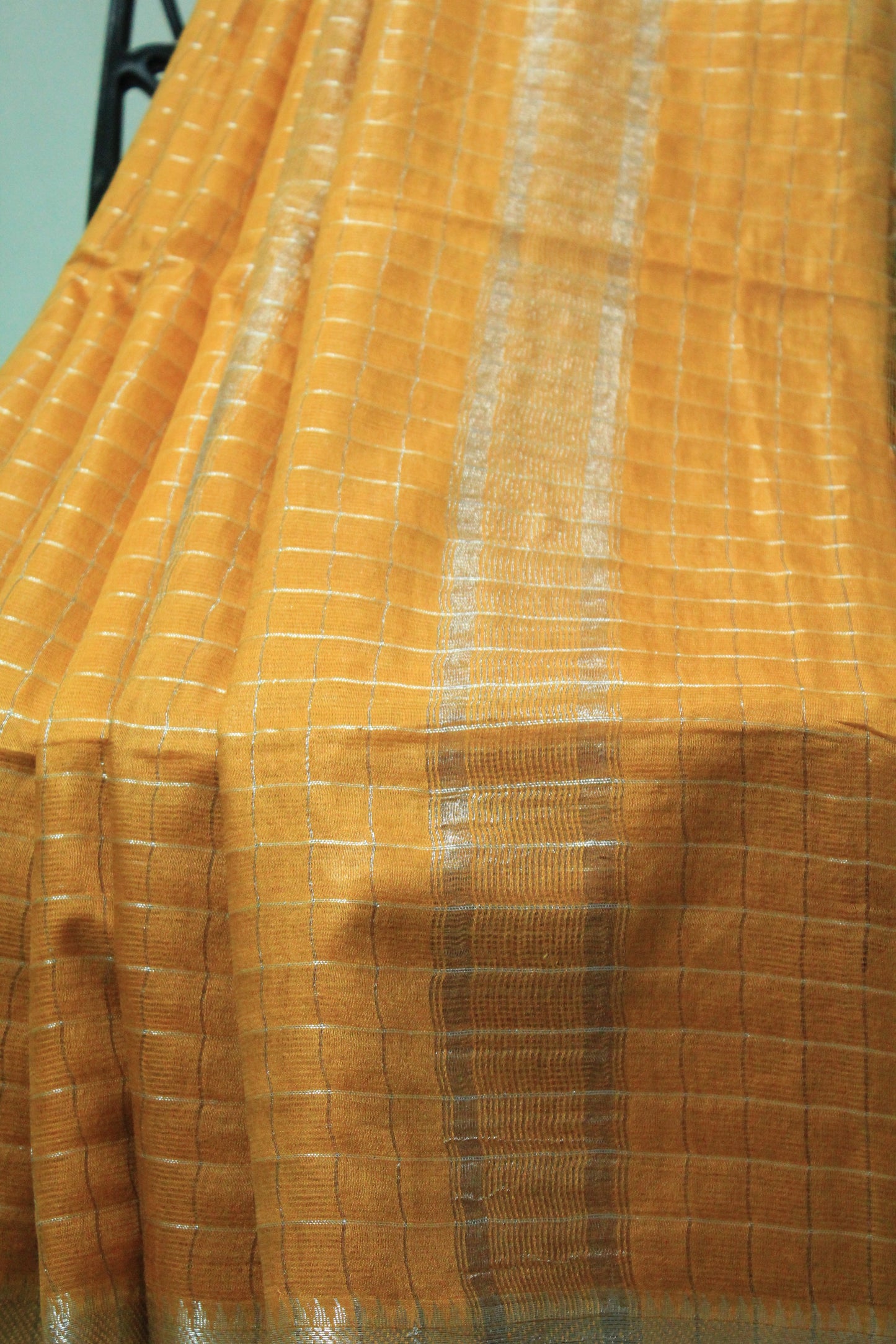 Embroidered  checkered saree with silver zari border