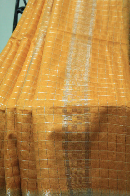Embroidered  checkered saree with silver zari border