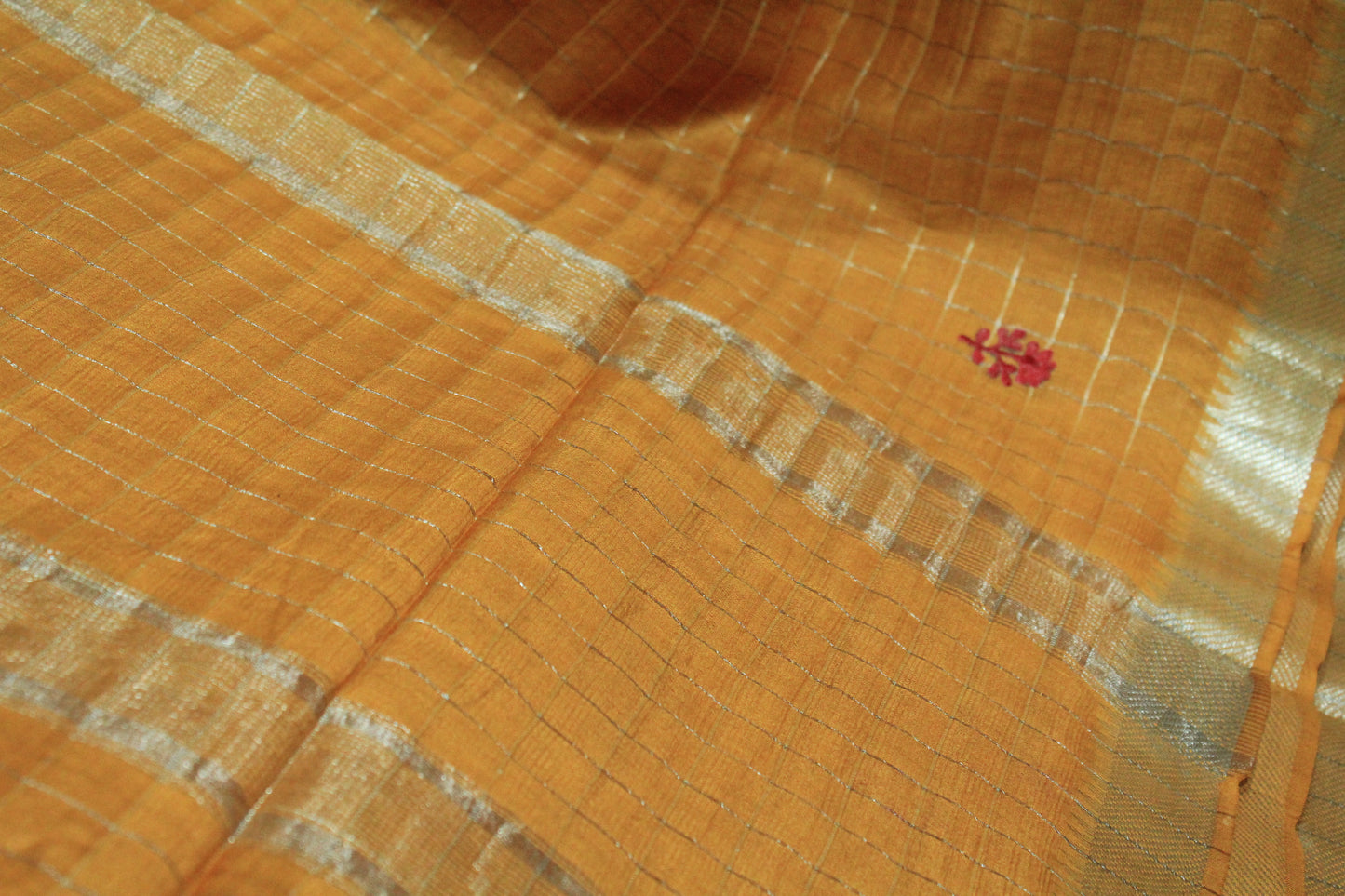 Embroidered  checkered saree with silver zari border