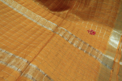Embroidered  checkered saree with silver zari border