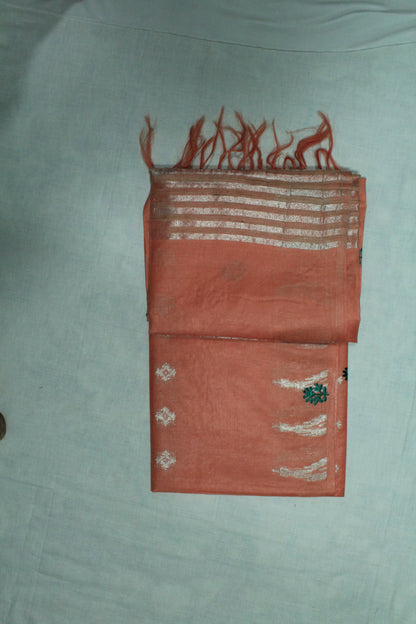 Embroidery saree with beautiful silver zari in light orange color