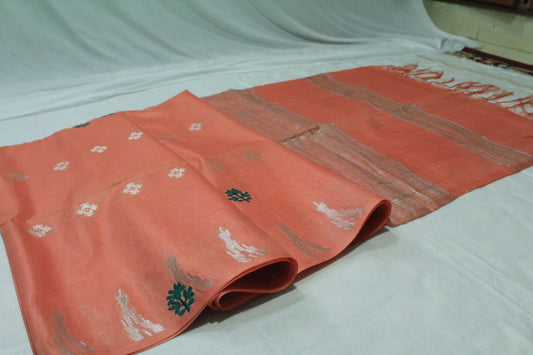 Embroidery saree with beautiful silver zari in light orange color