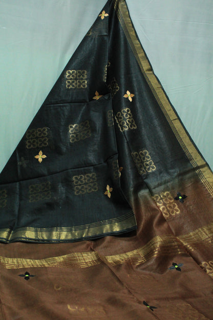 Embroidered black and brown with gold pattern & border saree