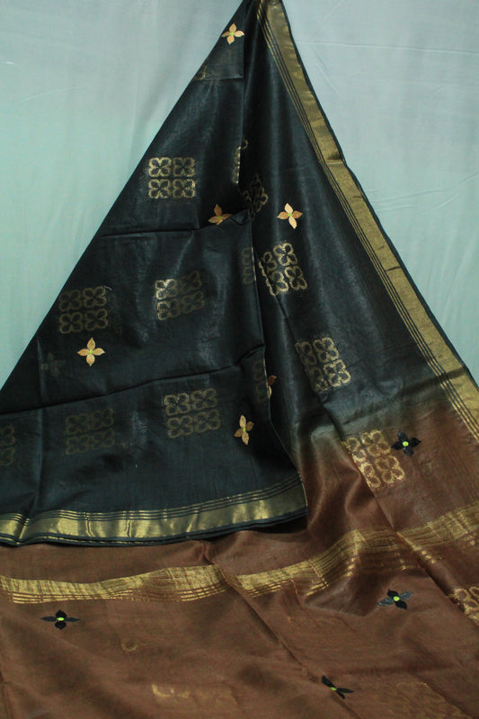 Embroidered black and brown with gold pattern & border saree
