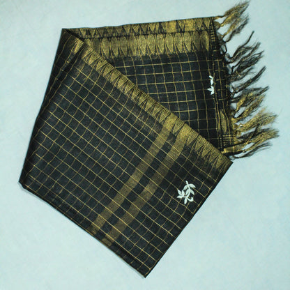 Embroidered golden zari work black color saree