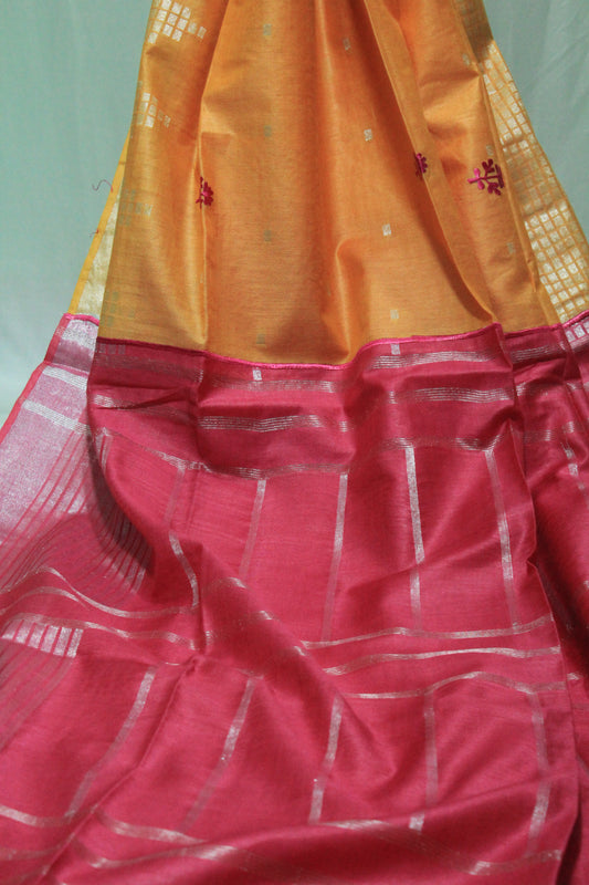 Embroidred  silver zari yellow color Festive saree