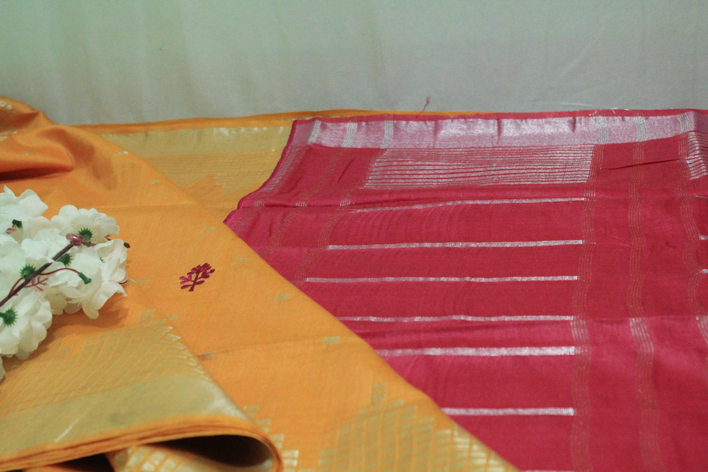 Embroidred  silver zari yellow color Festive saree