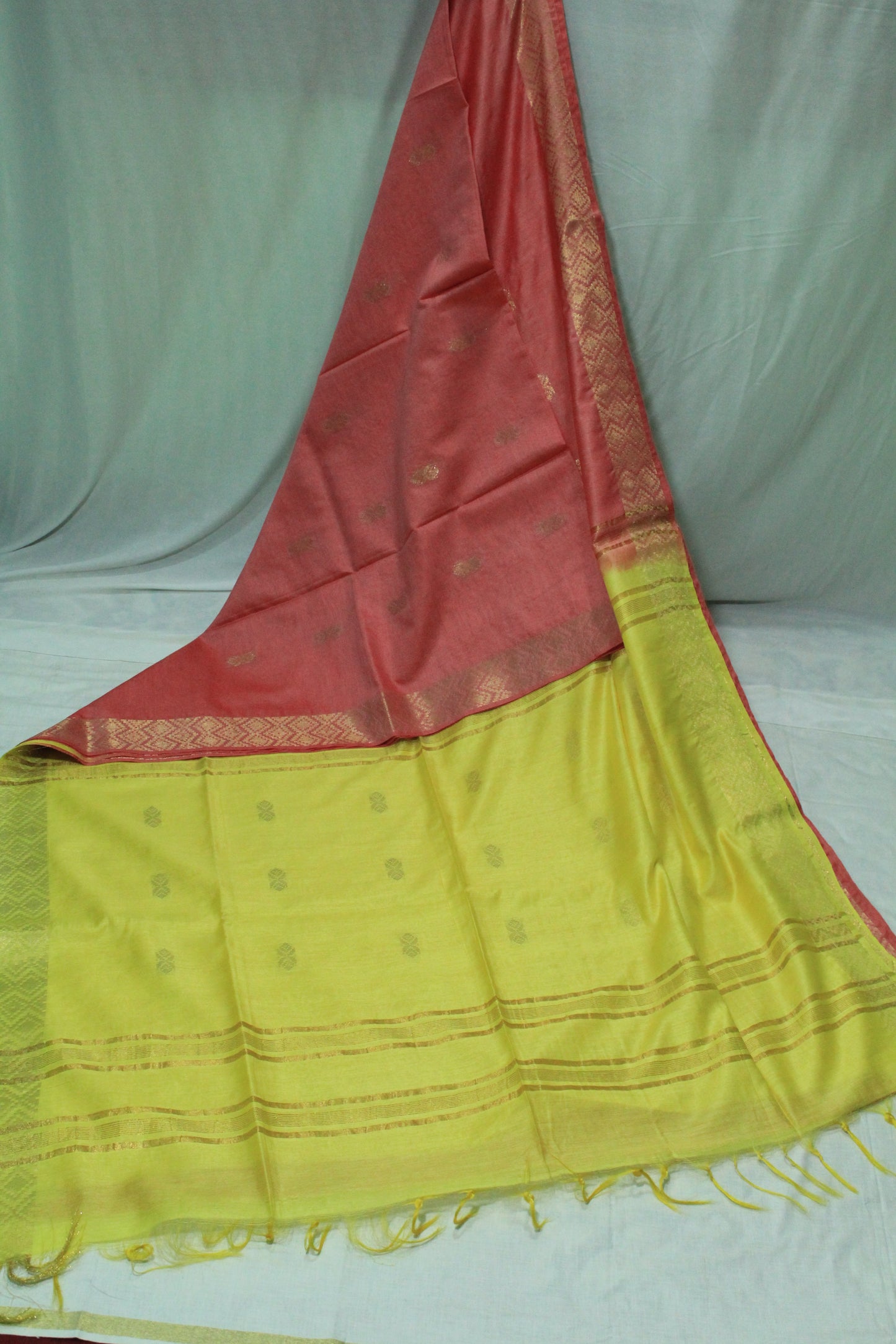 Double share pink and yellow color festive wear Silk Saree