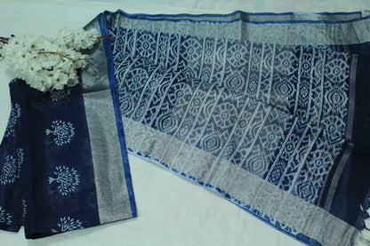 Blue color linen saree with floral print in white pattern