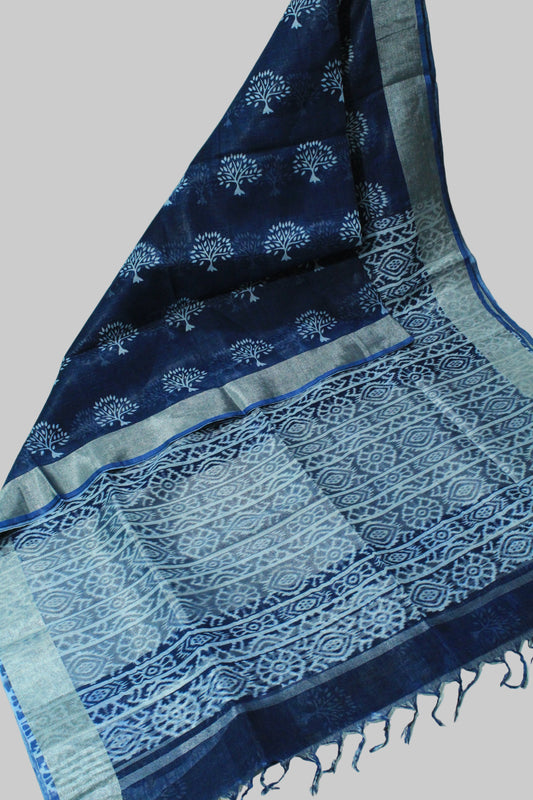 Blue color linen saree with floral print in white pattern