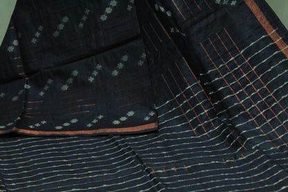 Black Silk Saree with white pattern and gold zari