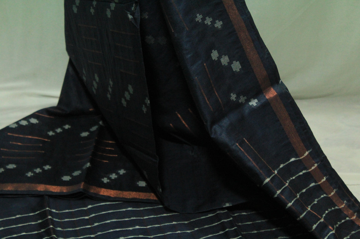 Black Silk Saree with white pattern and gold zari