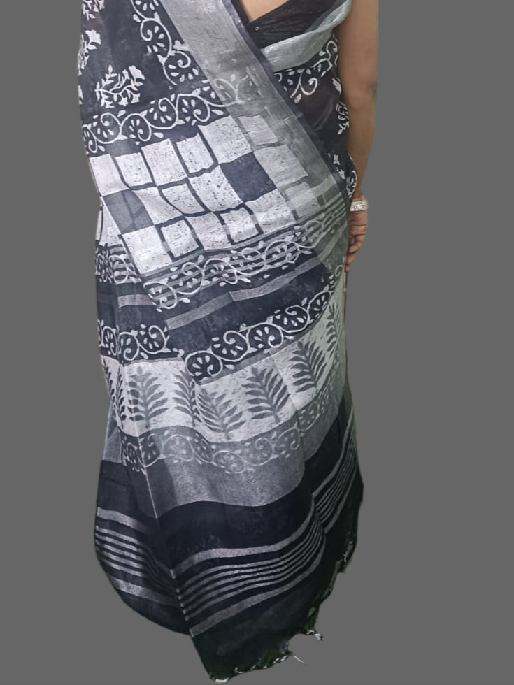 Black printed Linen saree with floral pattern