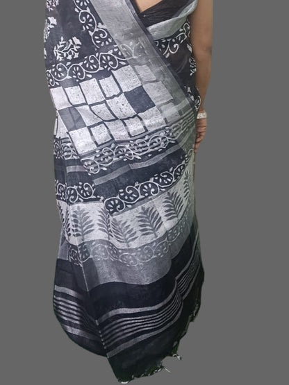 Black printed Linen saree with floral pattern