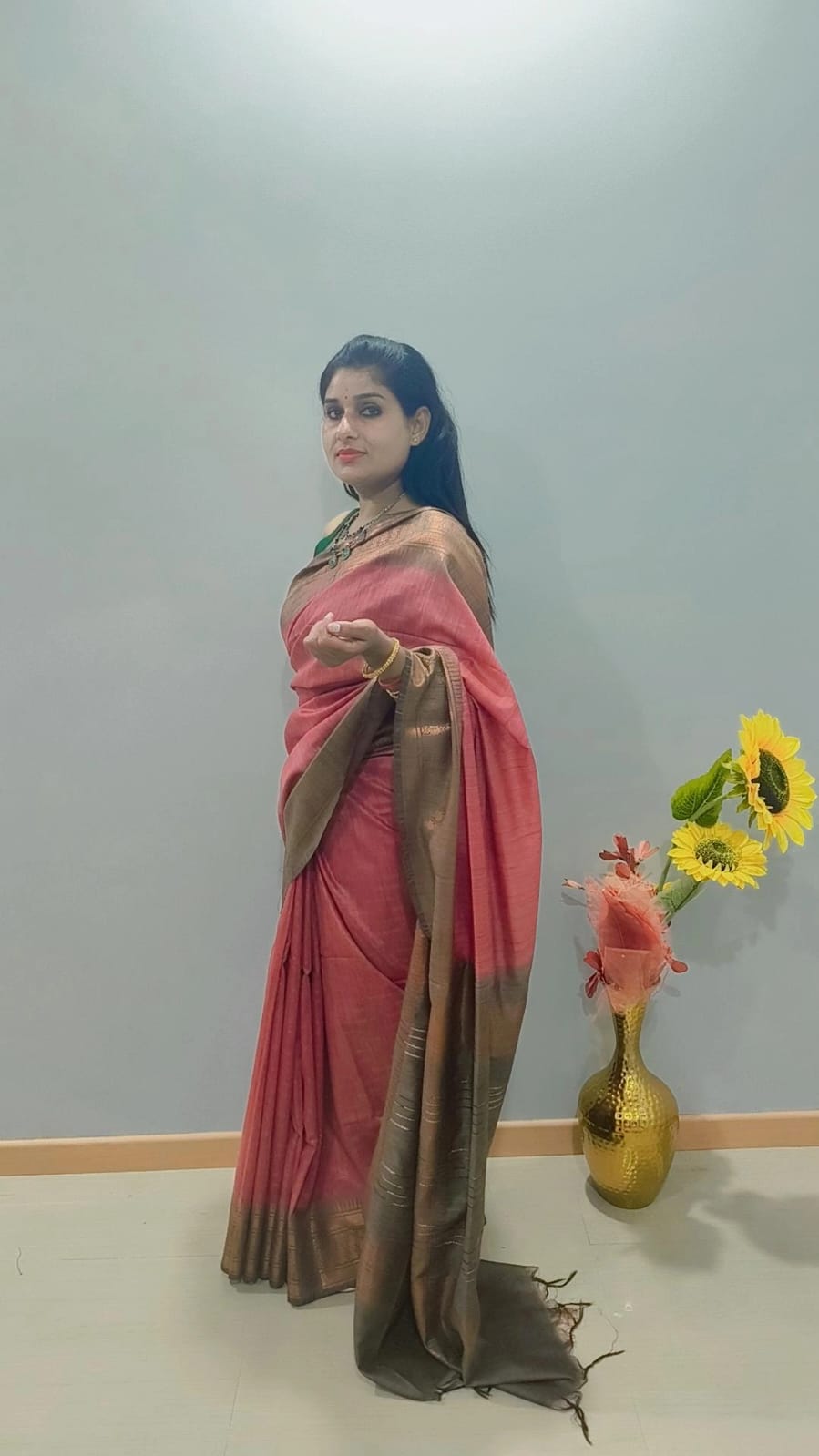 Silk Saree with wide golden border in dark pink and brown color