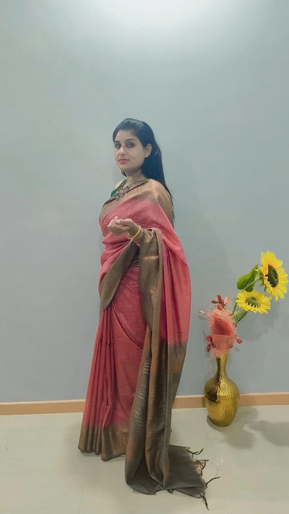 Silk Saree with wide golden border in dark pink and brown color