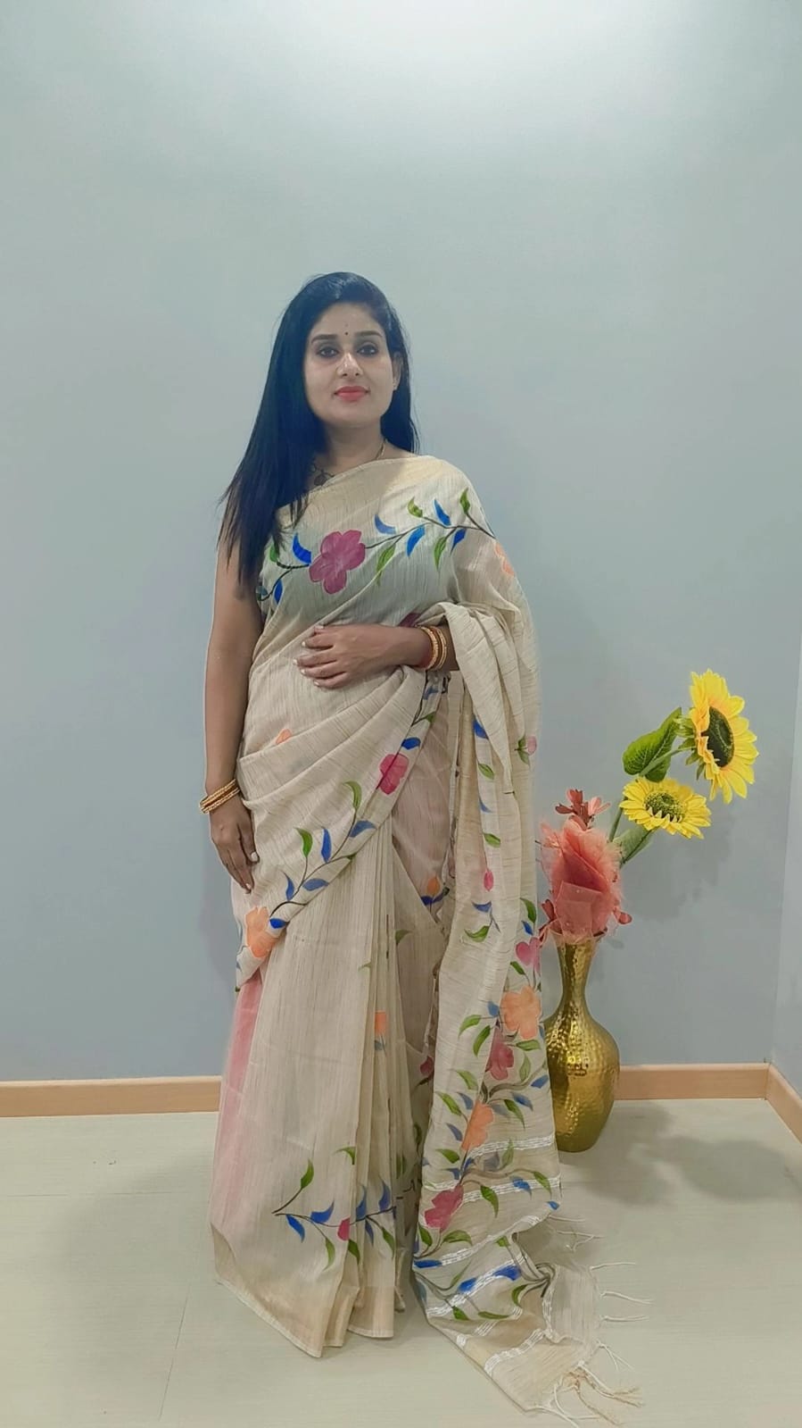 Beautiful multicolor brush printed Cotton beige  Saree