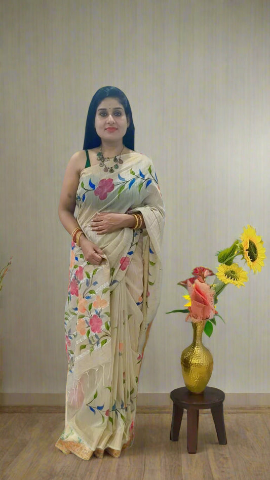 Beautiful multicolor brush printed Cotton beige  Saree