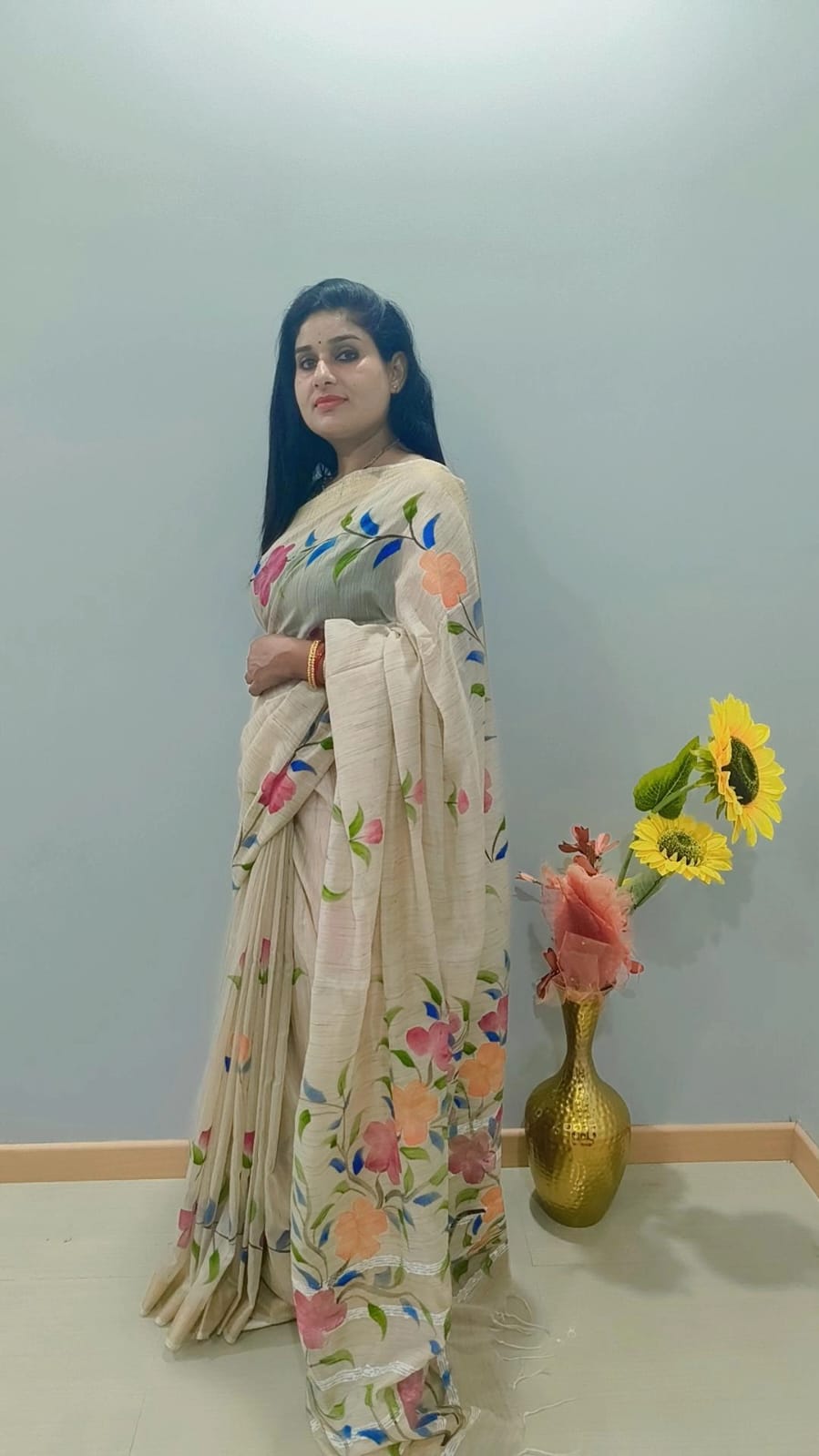 Beautiful multicolor brush printed Cotton beige  Saree