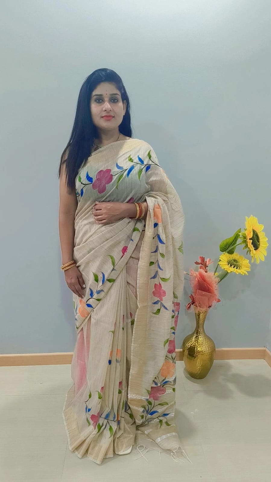 Beautiful multicolor brush printed Cotton beige  Saree