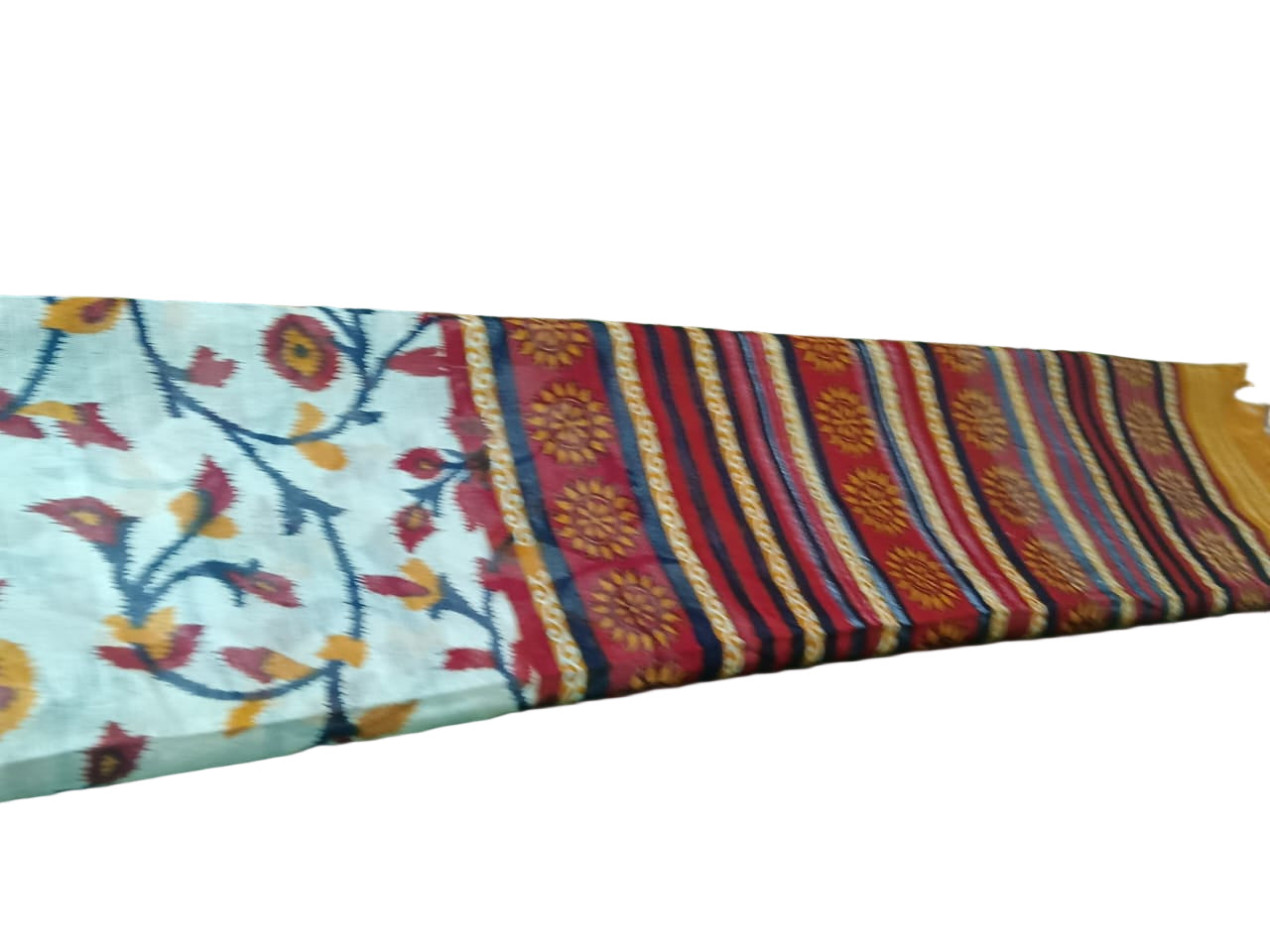Hand printed saree with flower pattern in white and red cobination