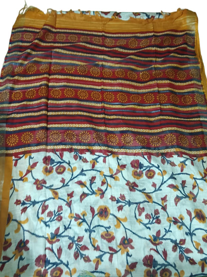Hand printed saree with flower pattern in white and red cobination